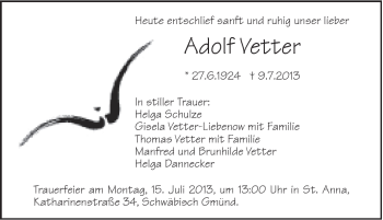 Traueranzeige von Adolf Vetter von Gmünder Tagespost