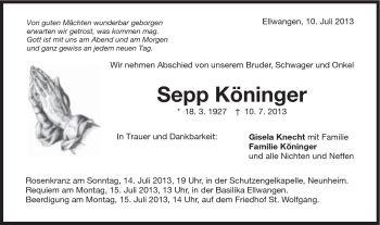 Traueranzeige von Sepp Köninger von Schwäbische Post