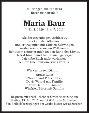 Traueranzeige von Maria Baur von Gmünder Tagespost