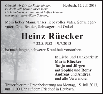 Traueranzeige von Heinz Rüecker von Gmünder Tagespost