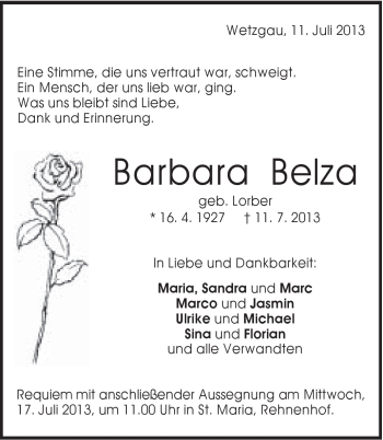 Traueranzeige von Barbara Belza von Gmünder Tagespost