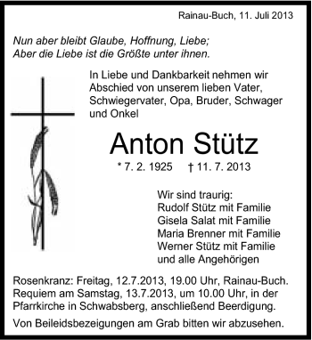 Traueranzeige von Anton Stütz von Schwäbische Post
