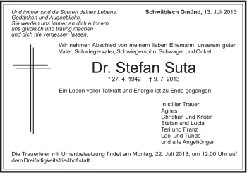Traueranzeige von Stefan Suta von Gmünder Tagespost