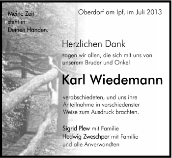 Traueranzeige von Karl Wiedemann von Schwäbische Post