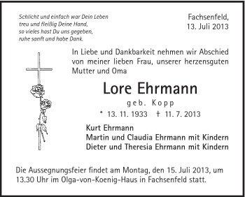 Traueranzeige von Lore Ehrmann von Schwäbische Post