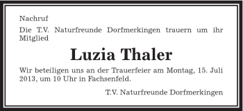 Traueranzeige von Luzia Thaler von Schwäbische Post