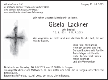 Traueranzeige von Gisela Lackner von Gmünder Tagespost