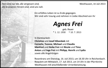 Traueranzeige von Agnes Frei von Schwäbische Post