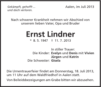 Traueranzeige von Ernst Lindner von Schwäbische Post