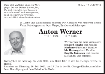 Traueranzeige von Anton Werner von Schwäbische Post