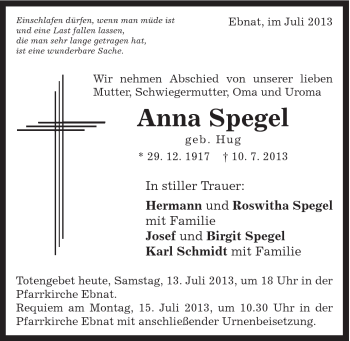 Traueranzeige von Anna Spegel von Schwäbische Post