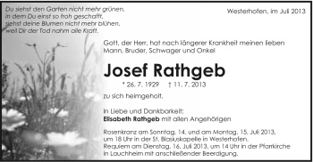 Traueranzeige von Josef Rathgeb von Schwäbische Post