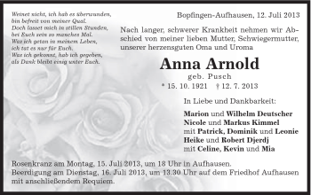 Traueranzeige von Anna Arnold von Schwäbische Post