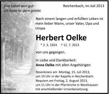 Traueranzeige von Herbert Oelke von Schwäbische Post