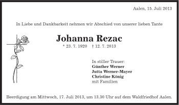 Traueranzeige von Johanna Rezac von Schwäbische Post