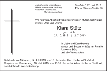 Traueranzeige von Klara Stütz von Gmünder Tagespost