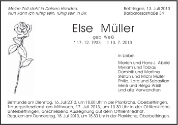 Traueranzeige von Else Müller von Gmünder Tagespost