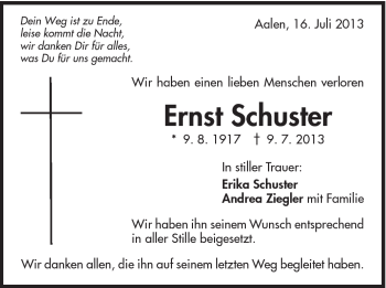 Traueranzeige von Ernst Schuster von Schwäbische Post