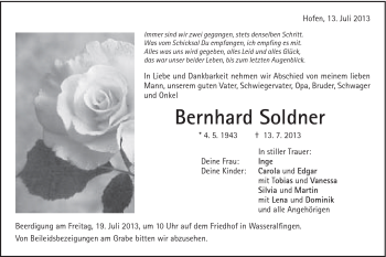Traueranzeige von Bernhard Soldner von Schwäbische Post