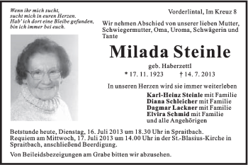 Traueranzeige von Milada Steinle von Gmünder Tagespost