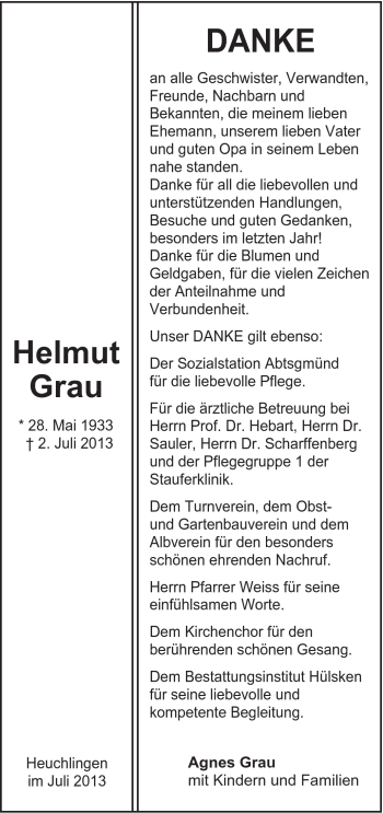 Traueranzeige von Helmut Grau von Gmünder Tagespost