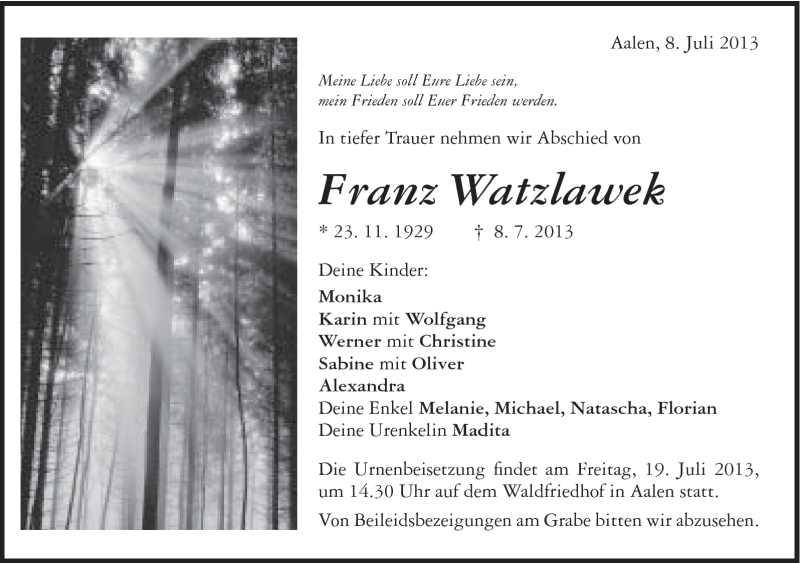  Traueranzeige für Franz Watzlawek vom 16.07.2013 aus Schwäbische Post