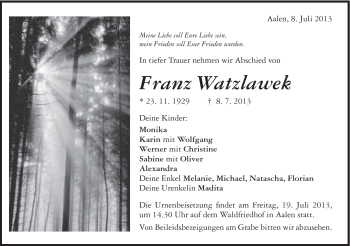 Traueranzeige von Franz Watzlawek von Schwäbische Post