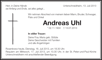 Traueranzeige von Andreas Uhl von Schwäbische Post