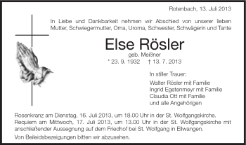 Traueranzeige von Else Rösler von Schwäbische Post