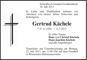 Traueranzeige von Gertrud Kächele von Gmünder Tagespost