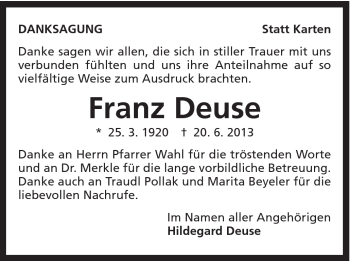 Traueranzeige von Franz Deuse von Schwäbische Post