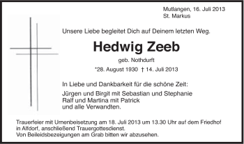 Traueranzeige von Hedwig Zeeb von Gmünder Tagespost
