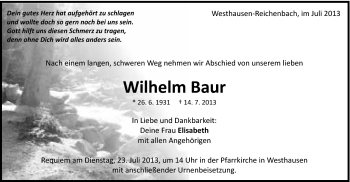 Traueranzeige von Wilhelm Baur von Schwäbische Post