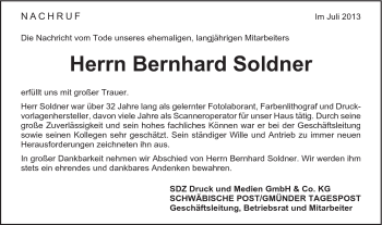 Traueranzeige von Bernhard Soldner von Schwäbische Post