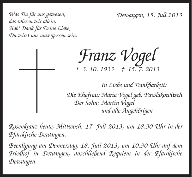  Traueranzeige für Franz Vogel vom 17.07.2013 aus Schwäbische Post
