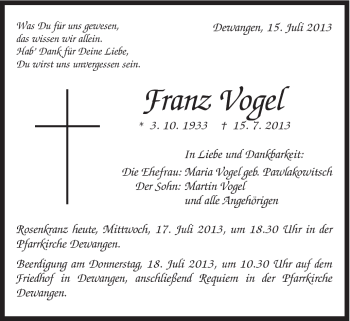 Traueranzeige von Franz Vogel von Schwäbische Post