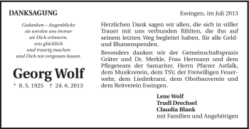 Traueranzeige von Georg Wolf von Schwäbische Post