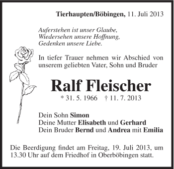 Traueranzeige von Ralf Fleischer von Gmünder Tagespost