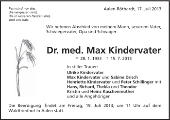 Traueranzeige von Dr. med. Mas Kindervater von Schwäbische Post