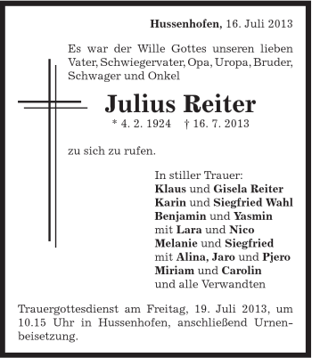 Traueranzeige von Julius Reiter von Gmünder Tagespost