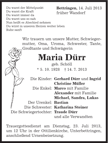 Traueranzeige von Maria Dürr von Gmünder Tagespost