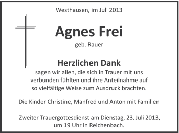 Traueranzeige von Agnes Frei von Schwäbische Post