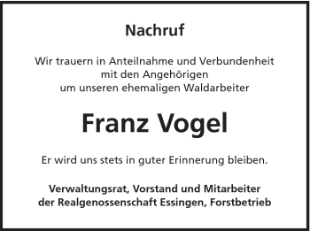 Traueranzeige von Franz Vogel von Schwäbische Post