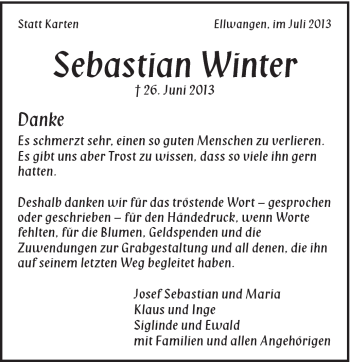 Traueranzeige von Sebastian Winter von Schwäbische Post