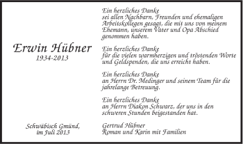 Traueranzeige von Erwin Hübner von Gmünder Tagespost