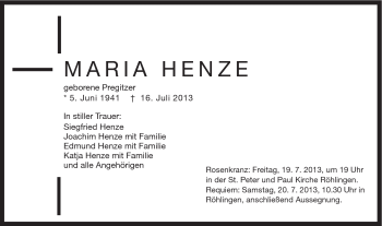 Traueranzeige von Maria Henze von Schwäbische Post