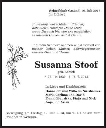 Traueranzeige von Susanna Stoof von Gmünder Tagespost
