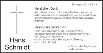 Traueranzeige von Hans Schmidt von Schwäbische Post