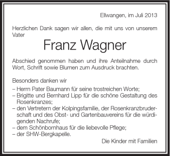 Traueranzeige von Franz Wagner von Schwäbische Post