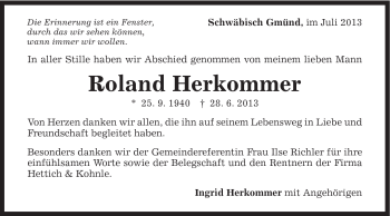 Traueranzeige von Roland Herkommer von Gmünder Tagespost